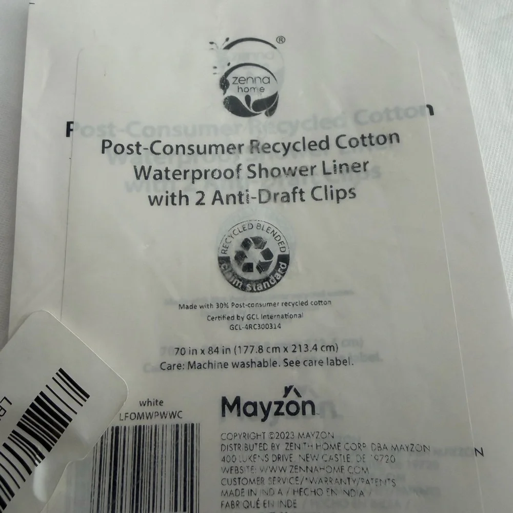 Zenna Home Waterproof Shower Liner - White. Size 70x84.